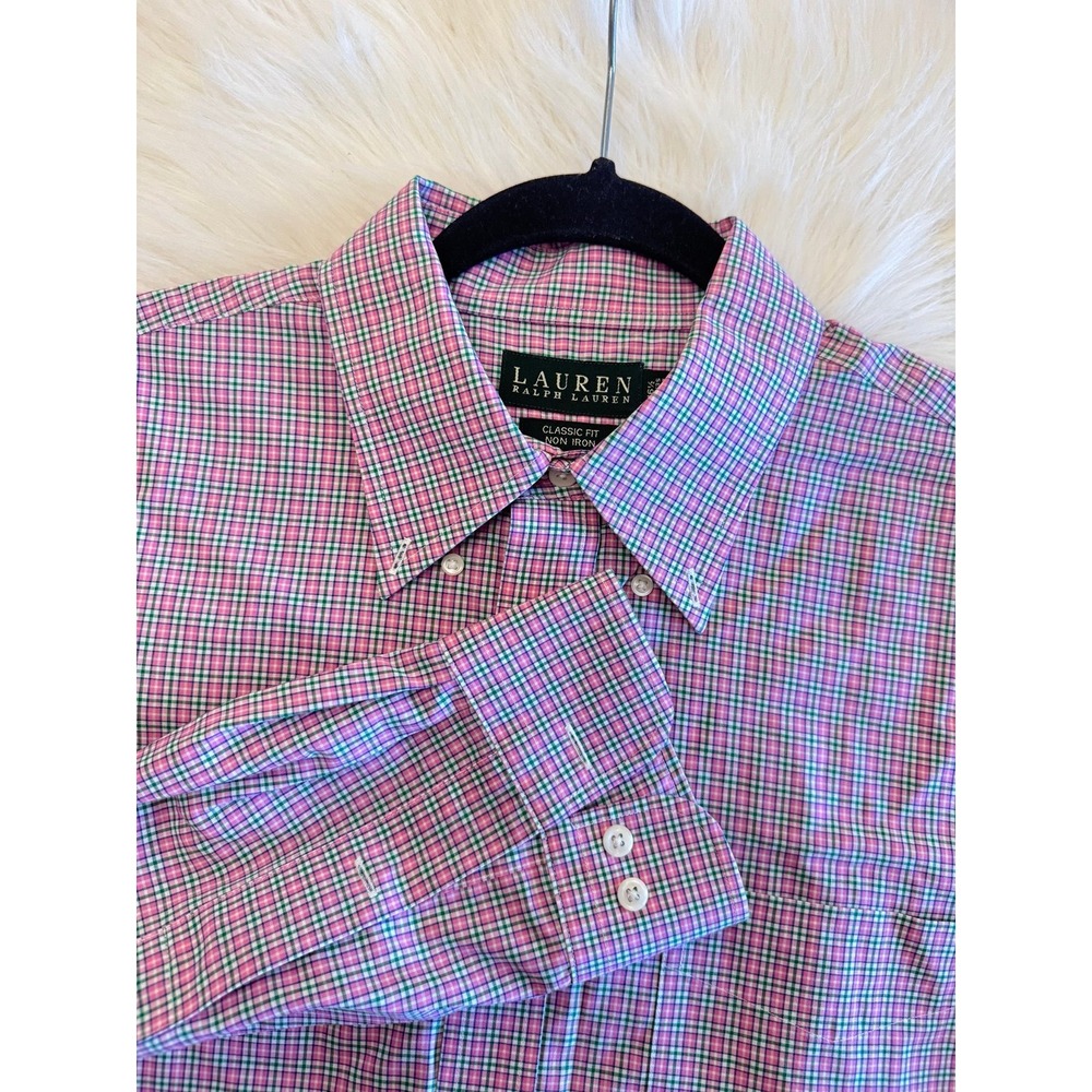 Lauren Ralph Lauren pink plaid long‎ sleeve button front 15 1/5 34/35